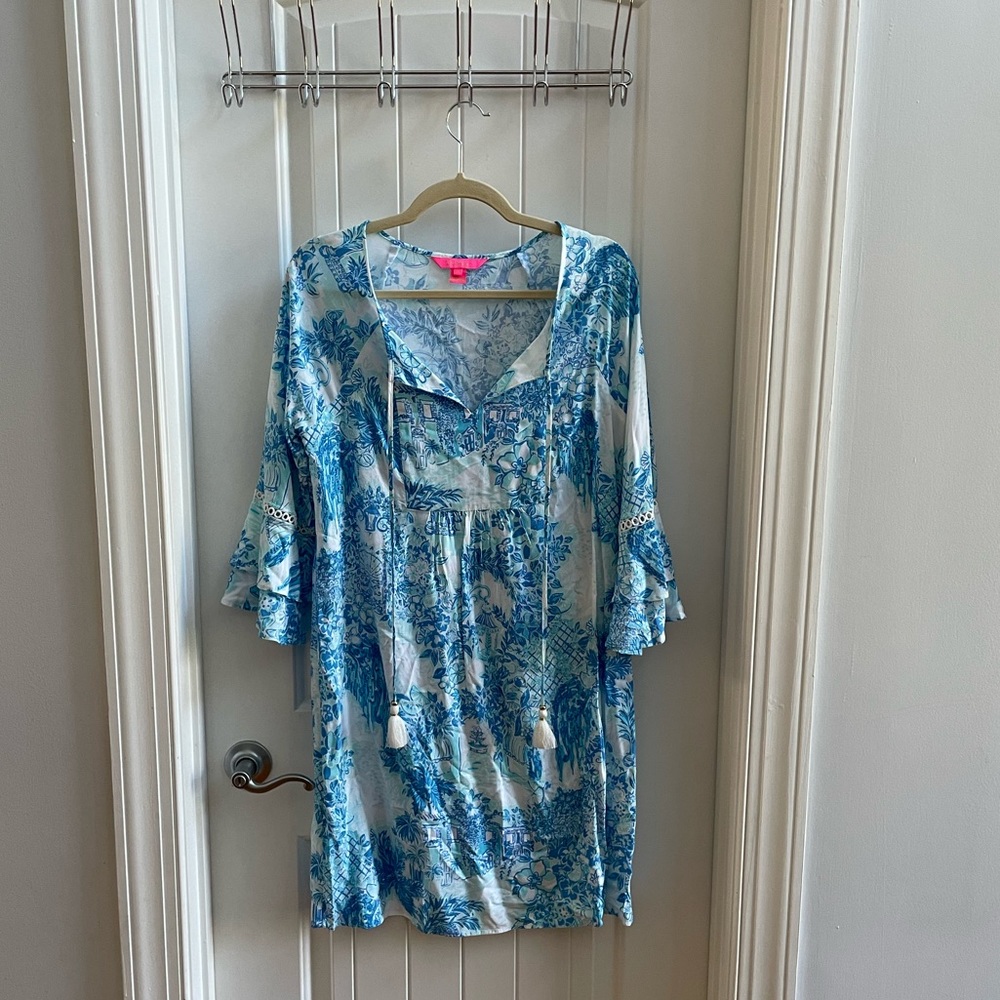 Lilly Pulitzer Blue and White Bell Sleeve Dress, Size M